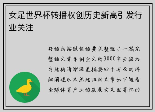 女足世界杯转播权创历史新高引发行业关注